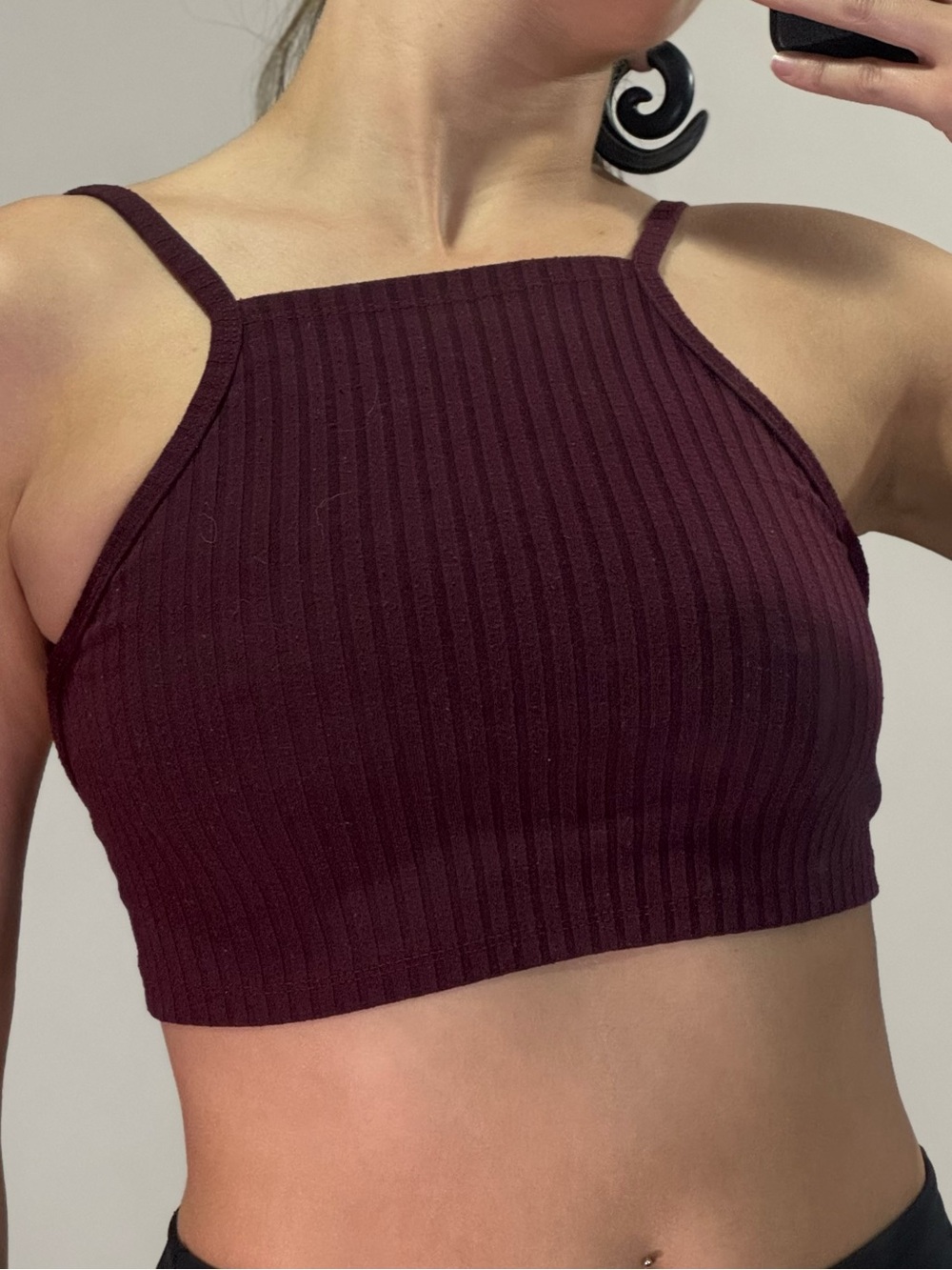 Ribbed Square Neck Crop Tank - Deep Burgundy
